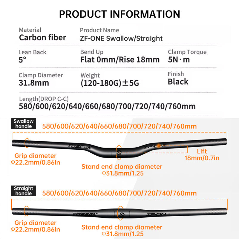 TOSEEK Carbon Fiber MTB Handlebar, 31.8mm, One-piece, Swallow-shaped - Ideal for Mountain Bikes