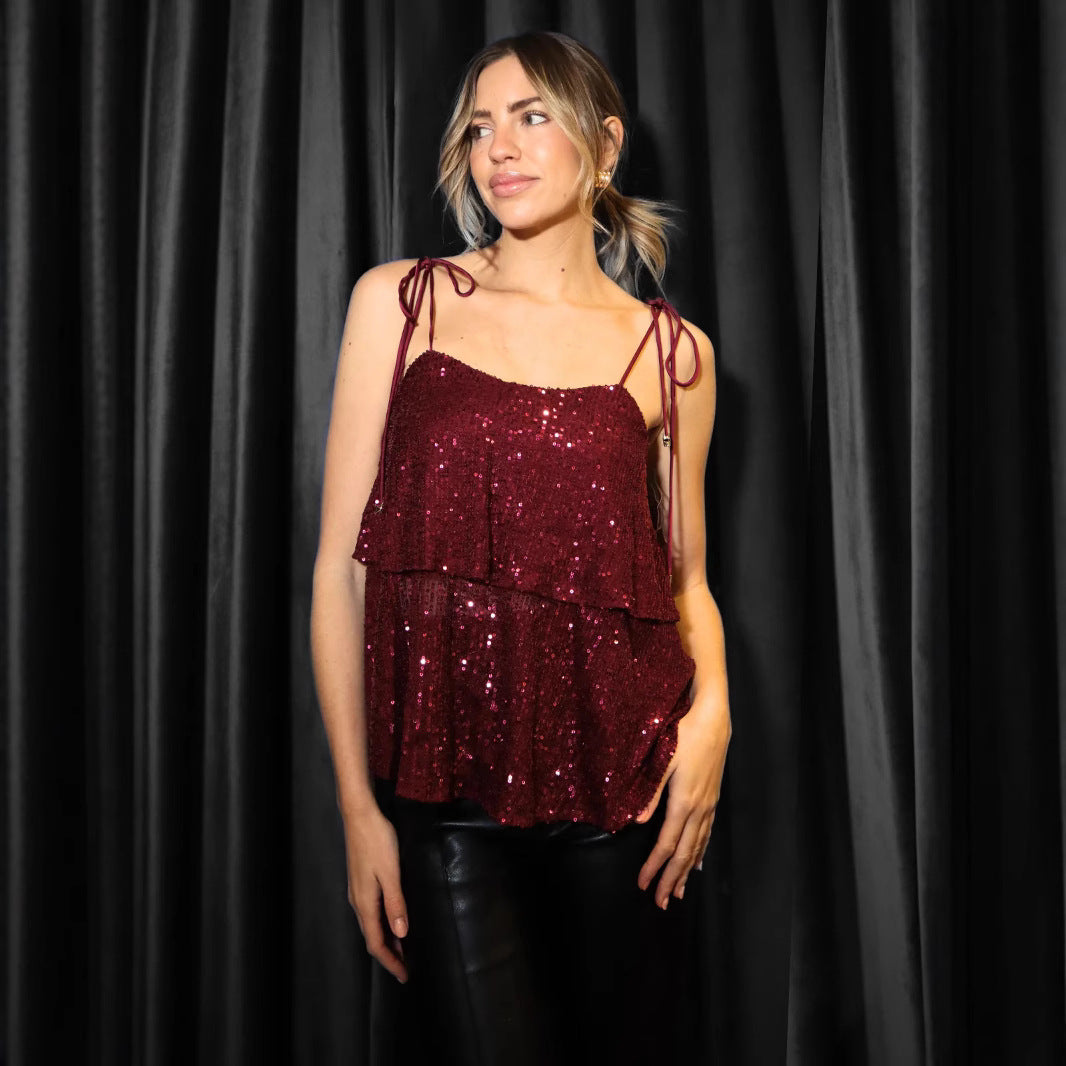 Sexy Sequin V-Neck Strapless Crop Top for Women Loose Fitting Blouse