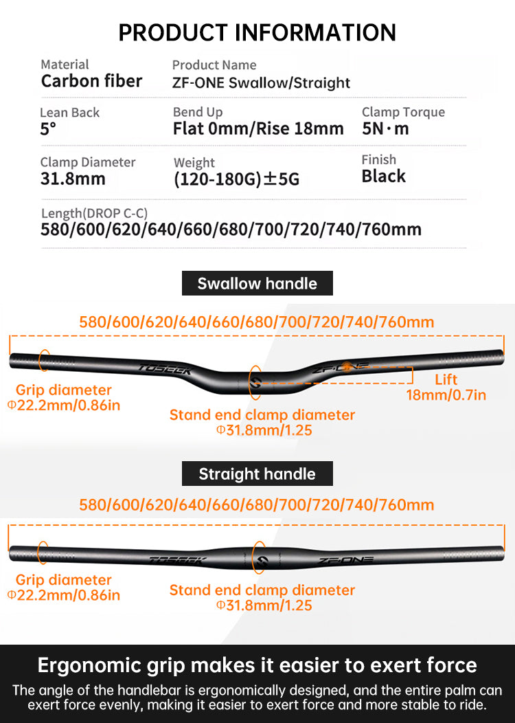TOSEEK Carbon Fiber MTB Handlebar, 31.8mm, One-piece, Swallow-shaped - Ideal for Mountain Bikes