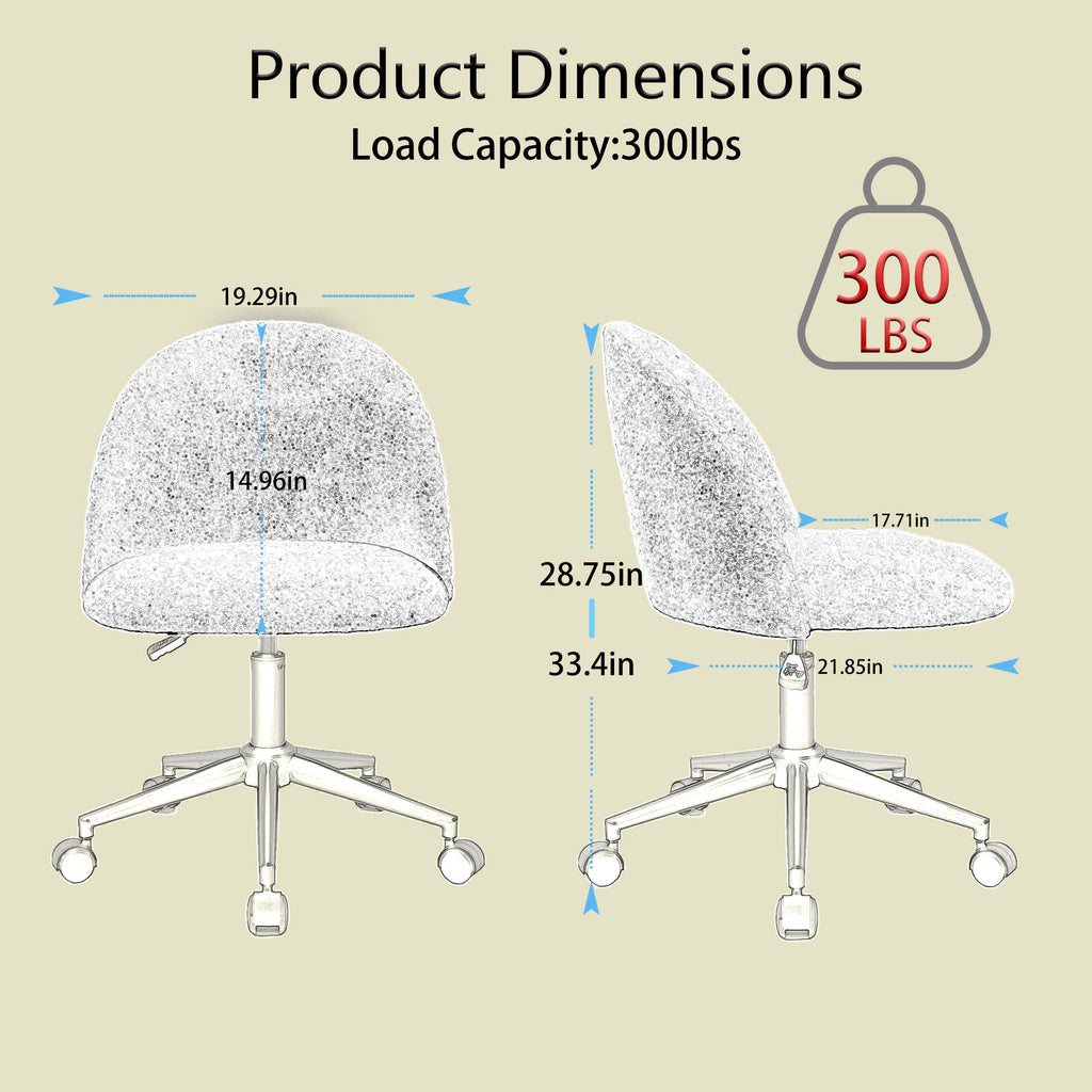 Velvet fabric office chair, mid back adjustable rotating computer chair, black legs, cushioned office chair with wheels ，White