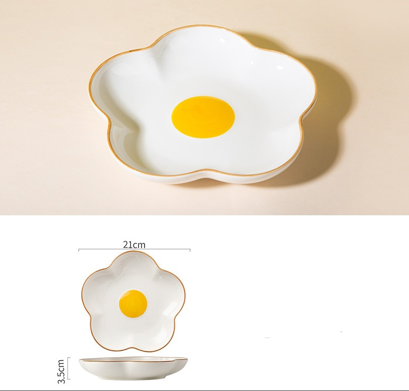 Creative Sun Egg Ceramic Bowl and Dish Set Cute Rice Bowl, Plate, Handle, Plate, Tableware, Home Breakfast Soup Plate