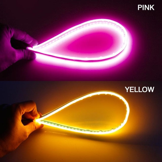 60cm New Slim Amber Sequential Flexible LED DRL For Headlight Strip Daytime Running Light With Yellow Turn Signal Lamp 12V