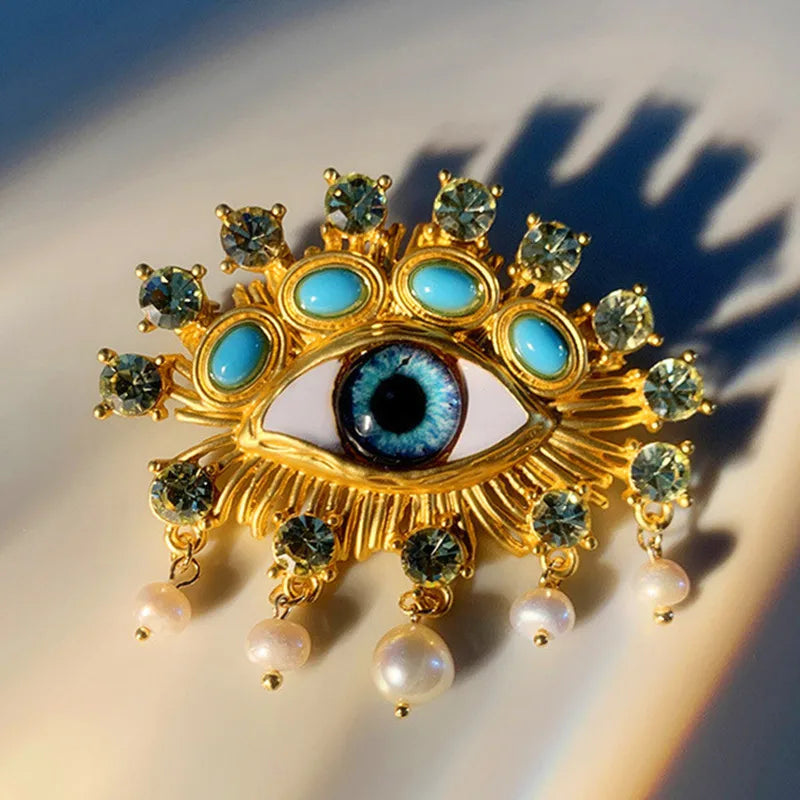 New Exaggerated Devil's Eye Brooch Baroque Pearl Tassel for Men Women Unisex Pin Jewelry European And American Vintage