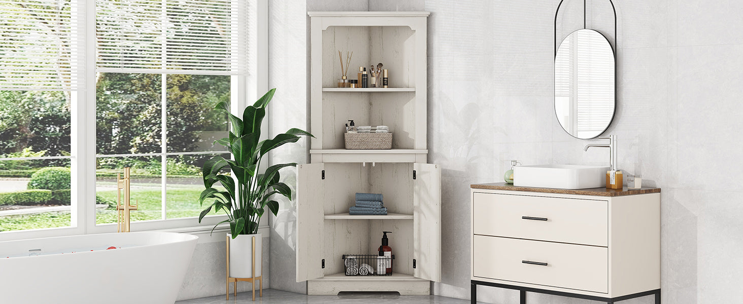 Tall Corner Cabinet with Doors for living room, bathroom,Dining Room or Kitchen,color:Wood grain beige