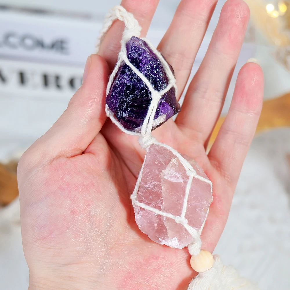 Natural Crystal Raw Stone Handmade Weave Dreams Catcher Car Hanging Pendant Healing Amethyst Window Ornament Home Decoration