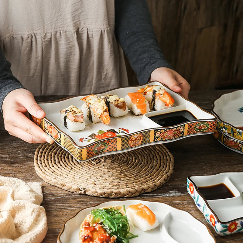 Dumpling plate sushi plate round square plate with soy sauce and vinegar partitioned snack plate ceramic plate for home use