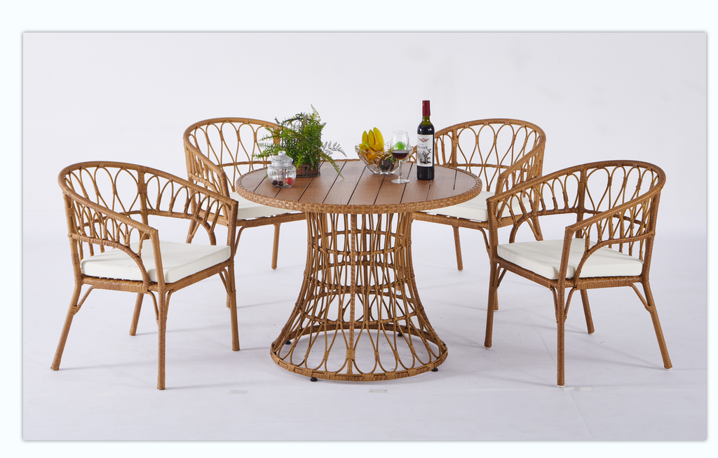 Outdoor dining set of 5 simple bamboo dinning table  PE ratten round table 110CM plastic wood top