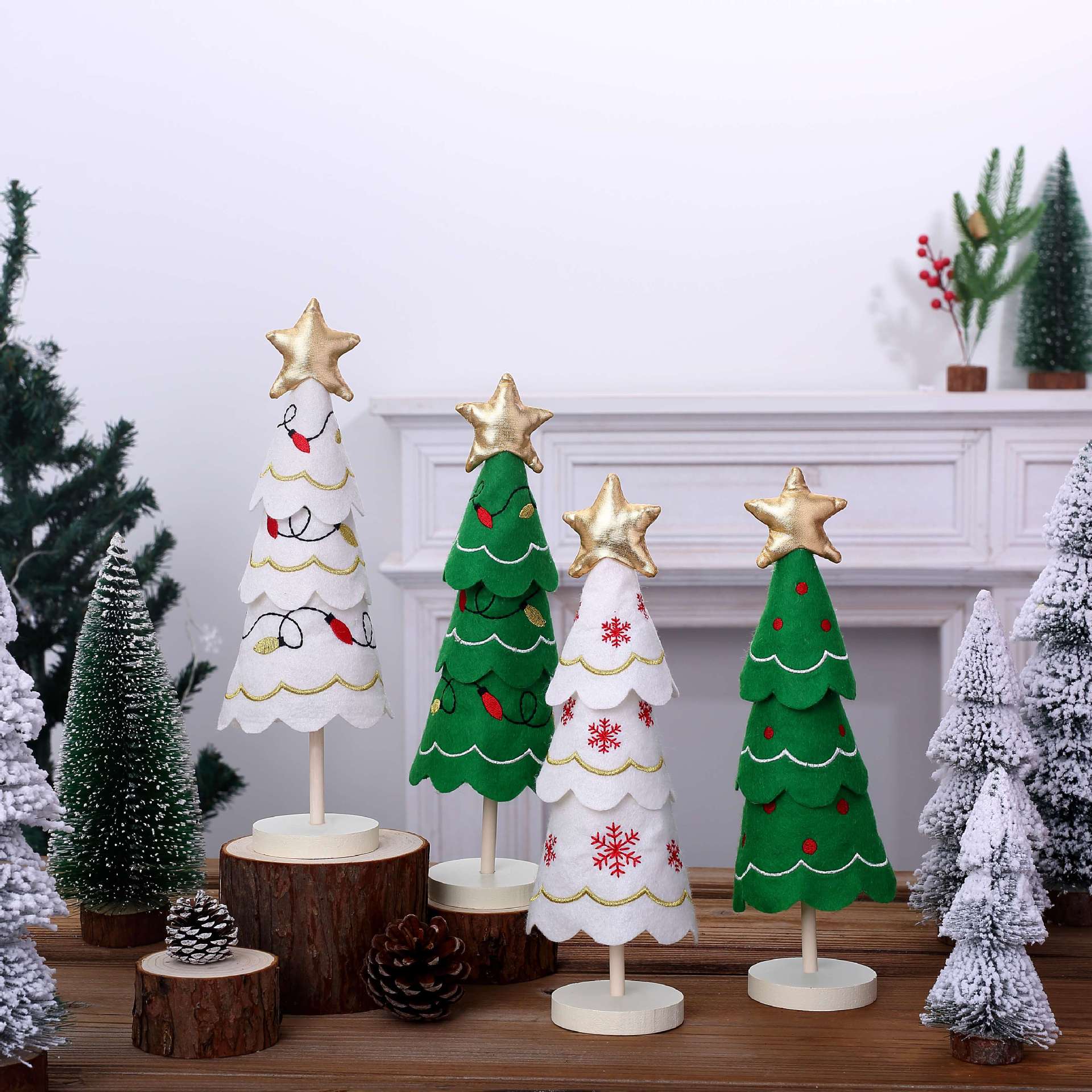 Cute Christmas Tree Fabric Wooden Display Window Desktop Christmas Embroidery Snowflake Decoration