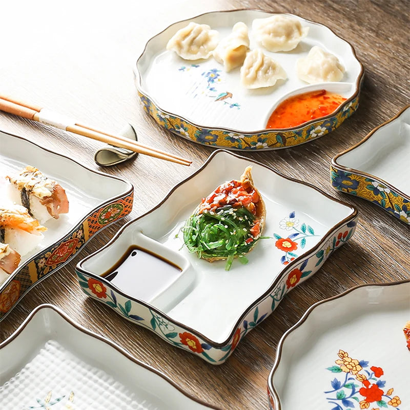 Dumpling plate sushi plate round square plate with soy sauce and vinegar partitioned snack plate ceramic plate for home use