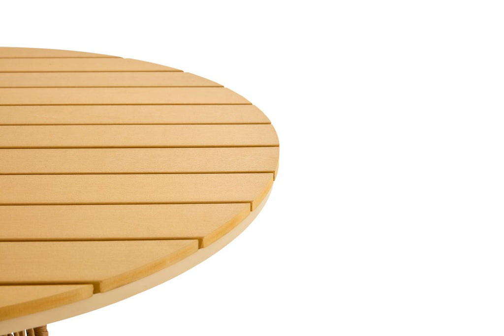 Outdoor dining set of 5 simple bamboo dinning table  PE ratten round table 110CM plastic wood top