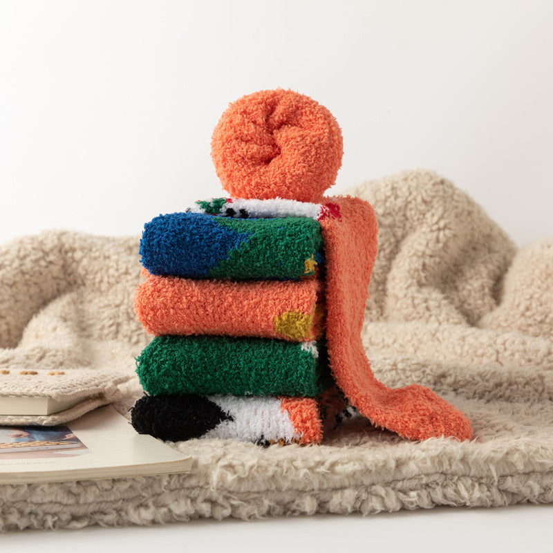 Christmas orange socks for children, winter thick INS trendy warm home socks, coral fleece flooring