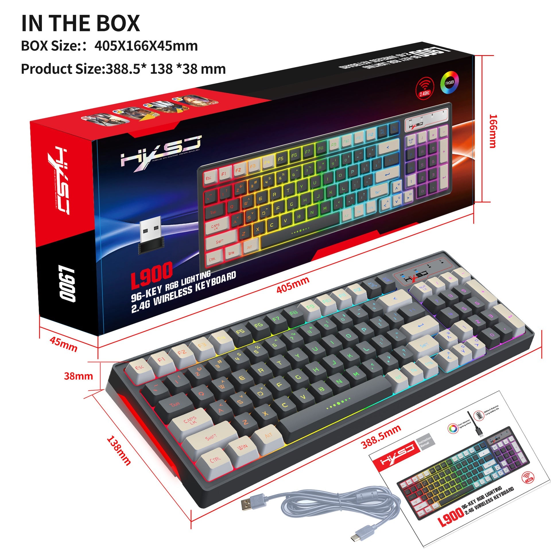 Gaming keyboard RGB backlight two-color keycaps gray and white double color 2.4G wireless membrane keyboard