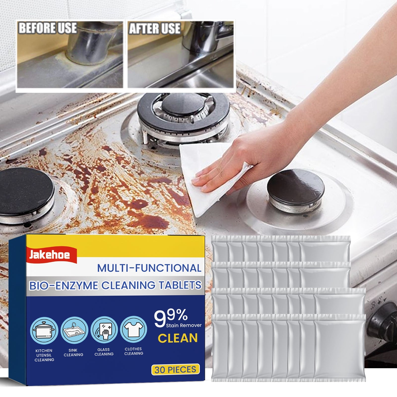 Multi-Functional Bio-Enzyme Cleaning Tablets, Bathroom Kitchen Multi-Functional Stain Cleaning Stainless Steel Rust Remover