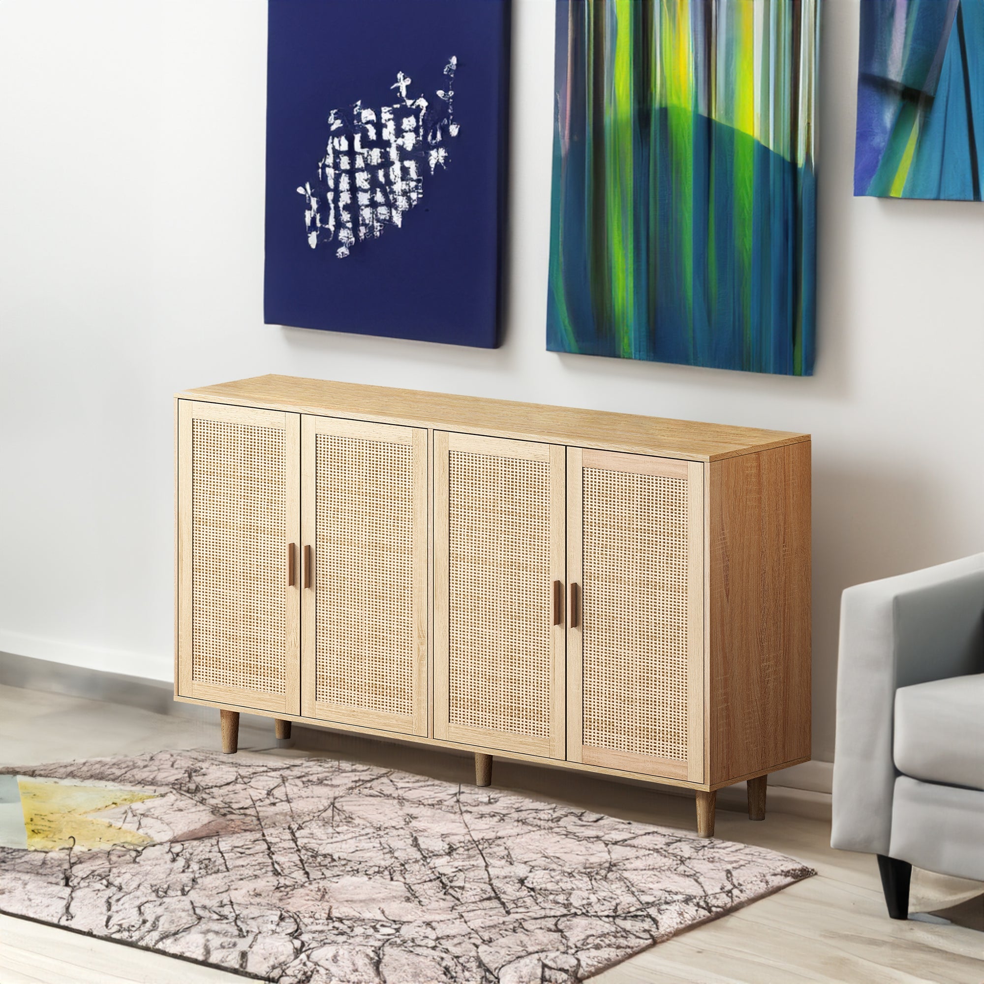62.20"Elegant and Functional 4-Door Rattan Decorative Storage Cabinet,for Bedroom,Living Room,Office,Easy Assembl