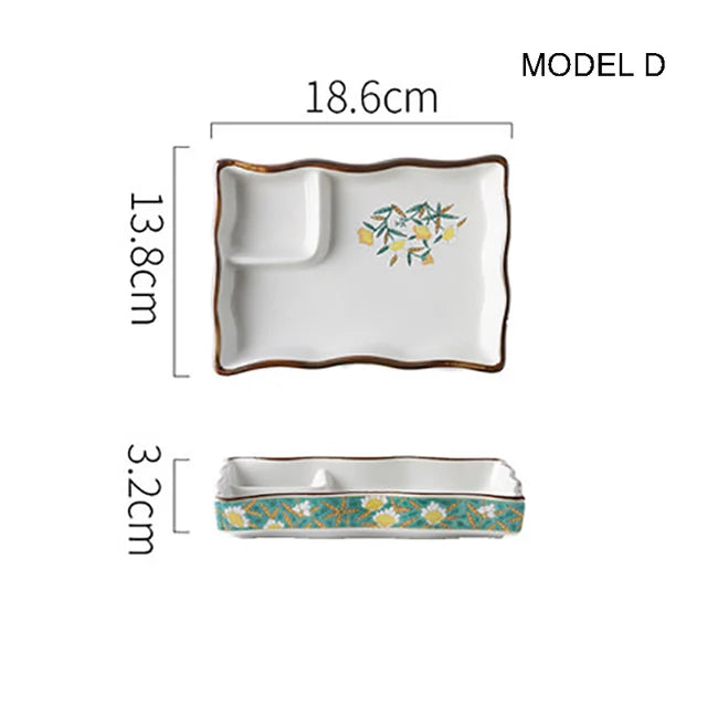 Dumpling plate sushi plate round square plate with soy sauce and vinegar partitioned snack plate ceramic plate for home use