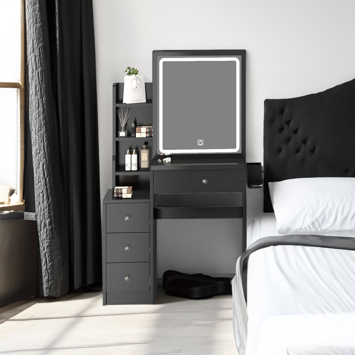 Dressing table+cushioned stool, 2 AC+2 USB power supplies, touch sliding LED mirror, tri color switch