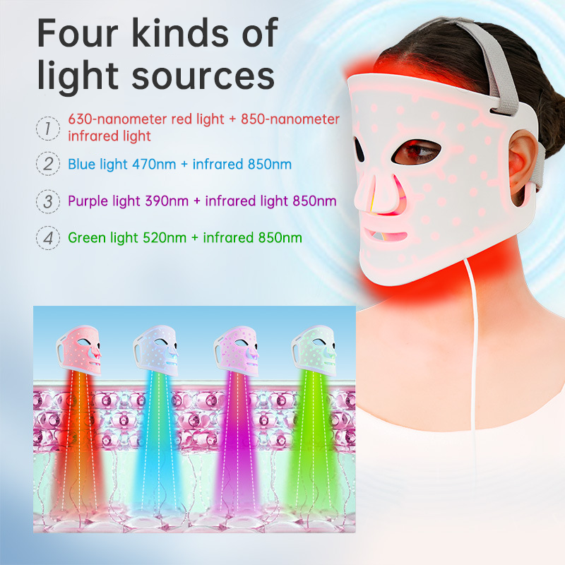 LED Color Light Home Beauty Device with Red, Blue, Green, and Purple Light Mask, 98 Light Beads for Facial Phototherapy Mask