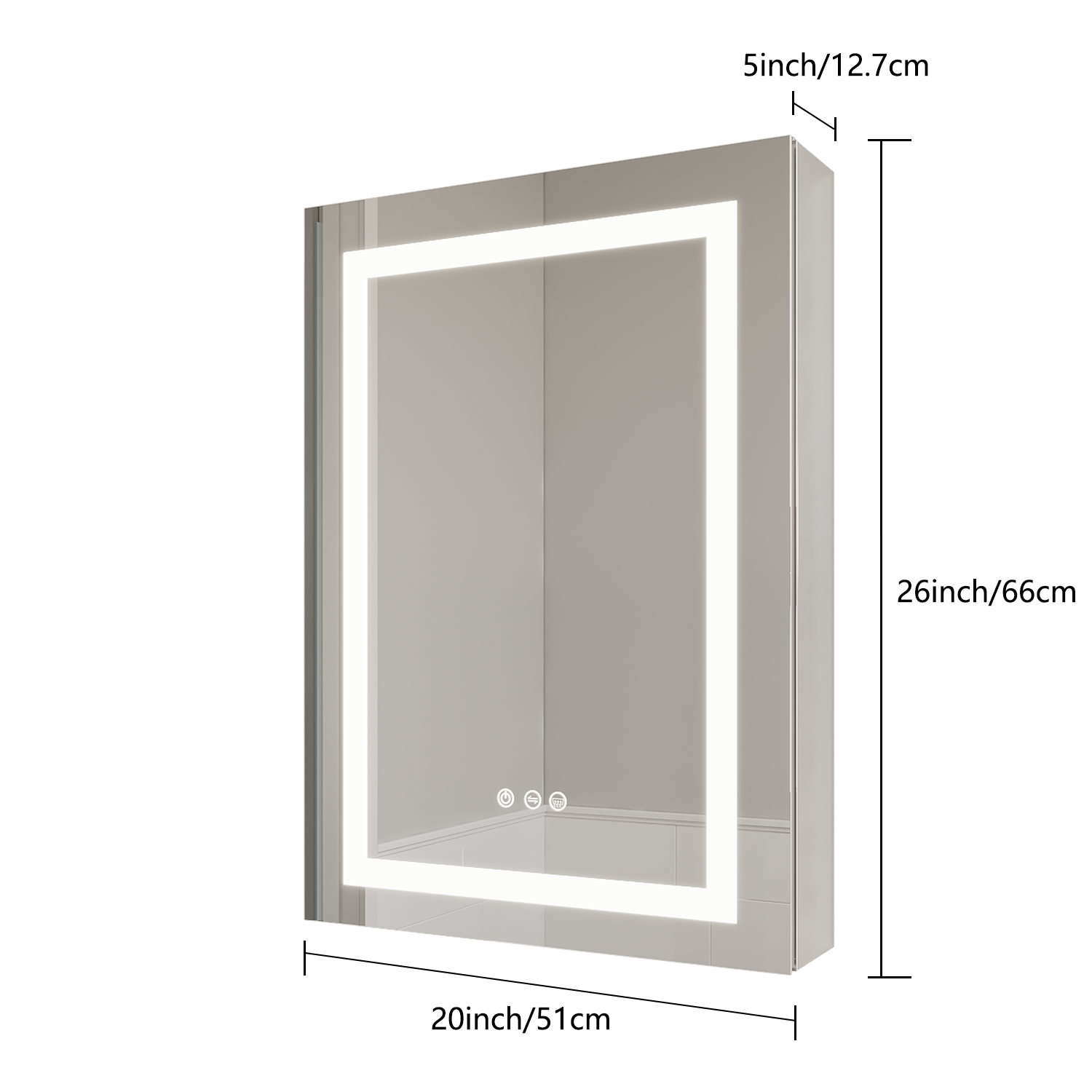 26x20 inch Bathroom Medicine Cabinet with LED Mirror, Anti-Fog, Waterproof3000K~6000K Single Door Lighted Bathroom Cabinet with Touch SwichDimmable Recessed or Surface Mount (Right Door)