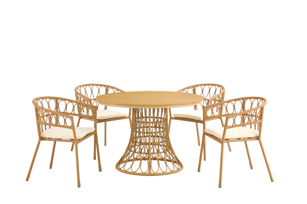 Outdoor dining set of 5 simple bamboo dinning table  PE ratten round table 110CM plastic wood top