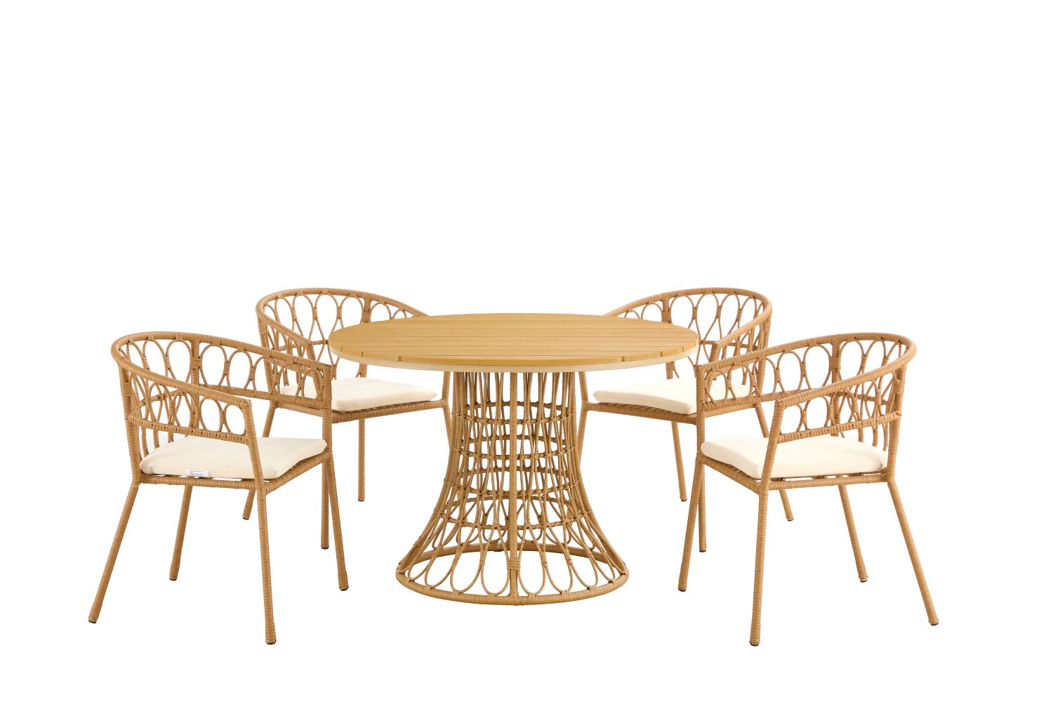 Outdoor dining set of 5 simple bamboo dinning table  PE ratten round table 110CM plastic wood top