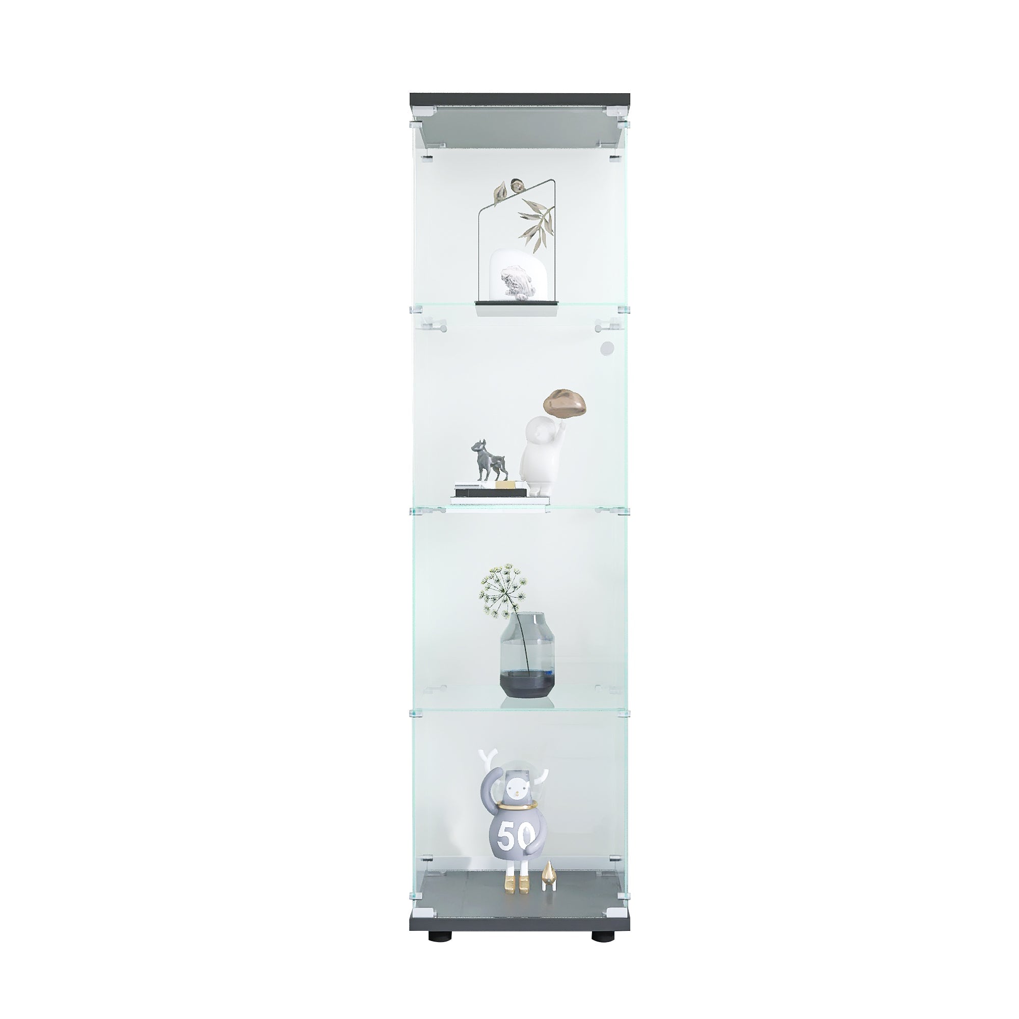 4 glass display cabinets with door shelves, floor standing antique bookshelf, 64.7 "* 16.7" * 14.3 ", black