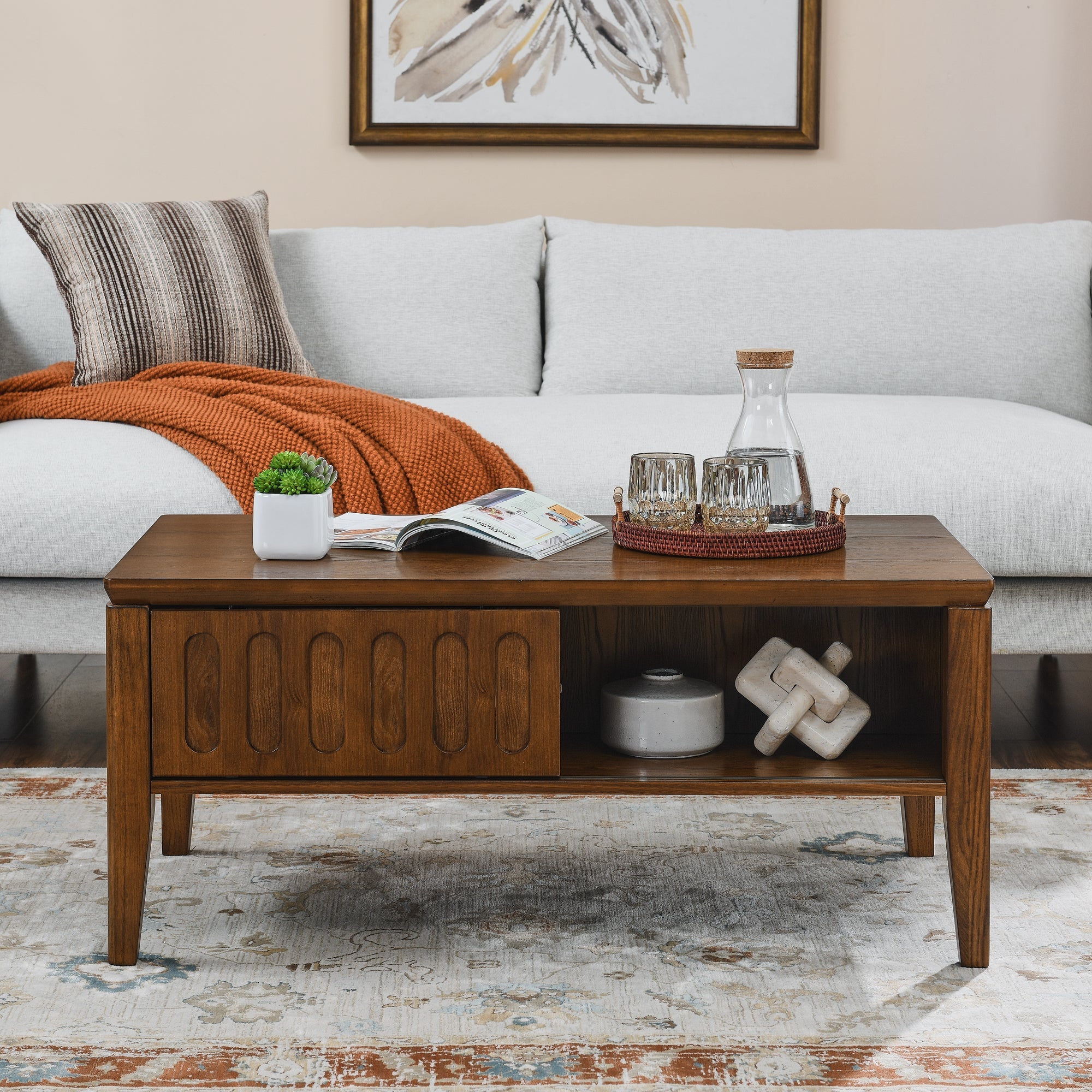 Medieval modern flute coffee table with storage sliding door and solid wood legs, vintage farmhouse wood central table