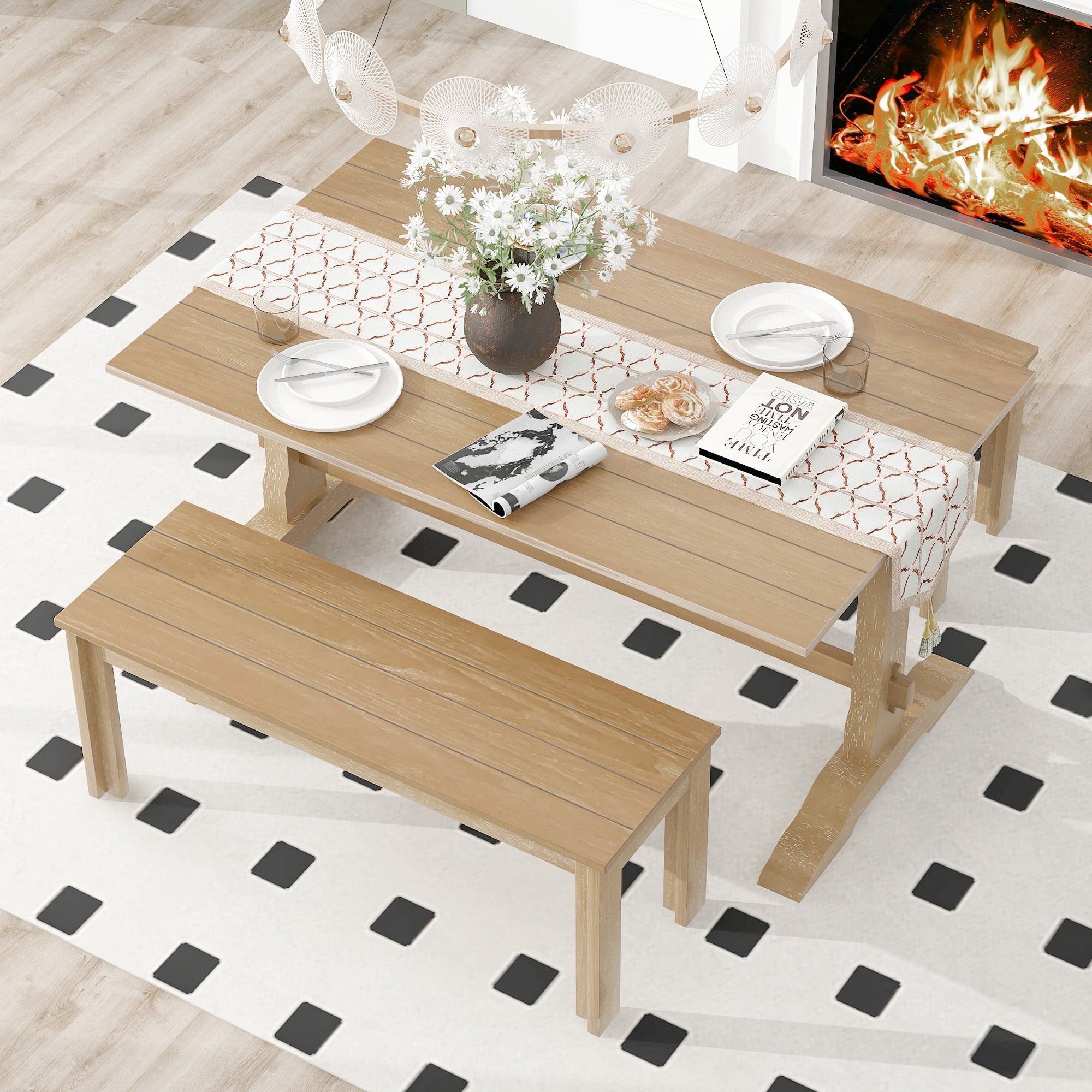 TREXM 3-piece retro dining table, rectangular stand table, and 2 4-person wooden stools (made of natural wood)