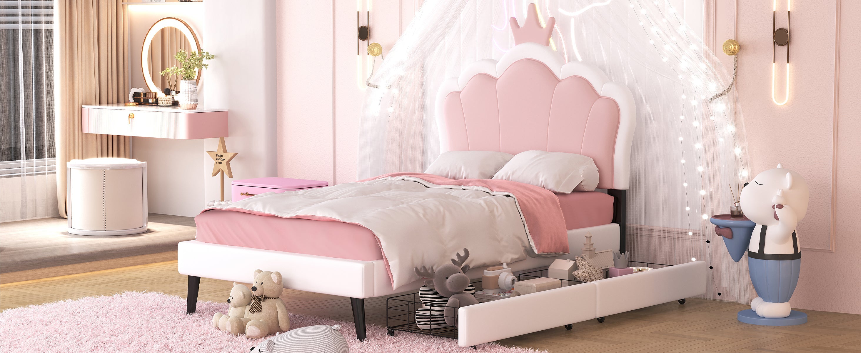 Twin cushion princess bed with crown headboard and 2 drawers with headboard and footrest, pink+white
