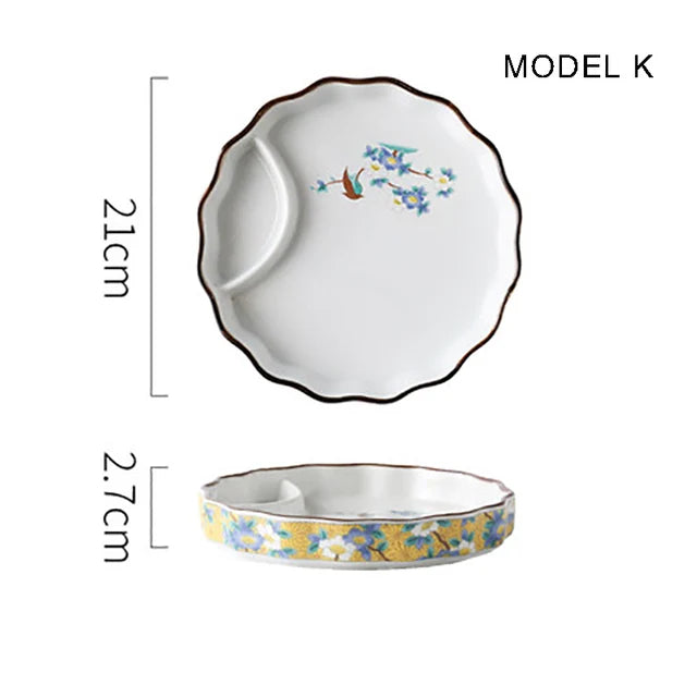 Dumpling plate sushi plate round square plate with soy sauce and vinegar partitioned snack plate ceramic plate for home use