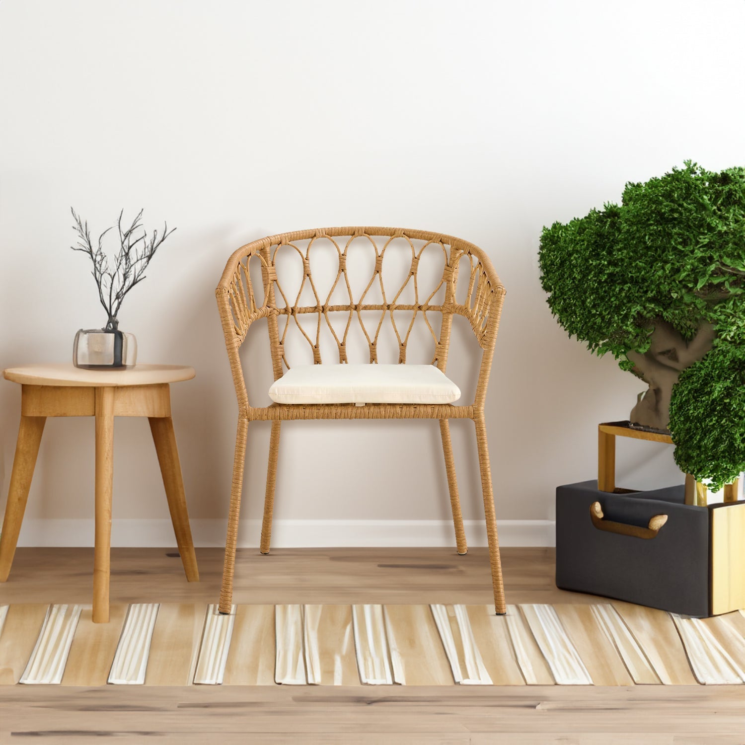 Outdoor dining set of 5 simple bamboo dinning table  PE ratten round table 110CM plastic wood top