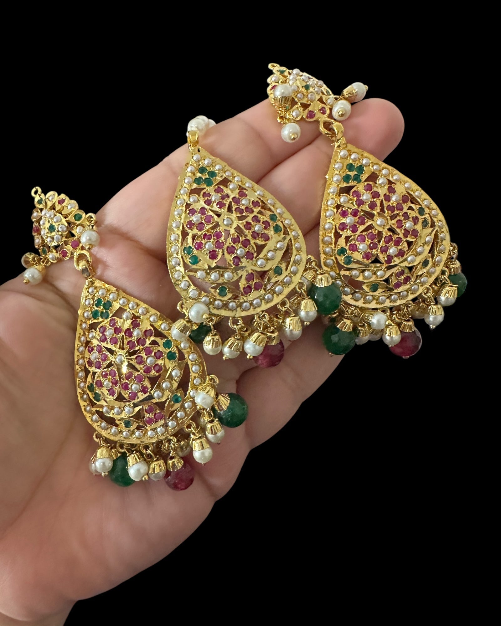 Piya jadau earrings tika in ruby emerald pearls ( READY TO SHIP )