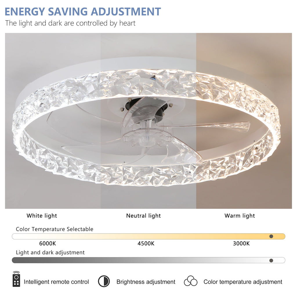 Modern acrylic ceiling fan light with remote control, dimmable LED pendant light, 6-speed adjustable, silent motor
