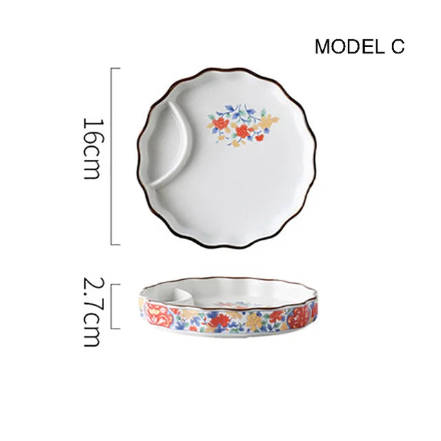 Dumpling plate sushi plate round square plate with soy sauce and vinegar partitioned snack plate ceramic plate for home use