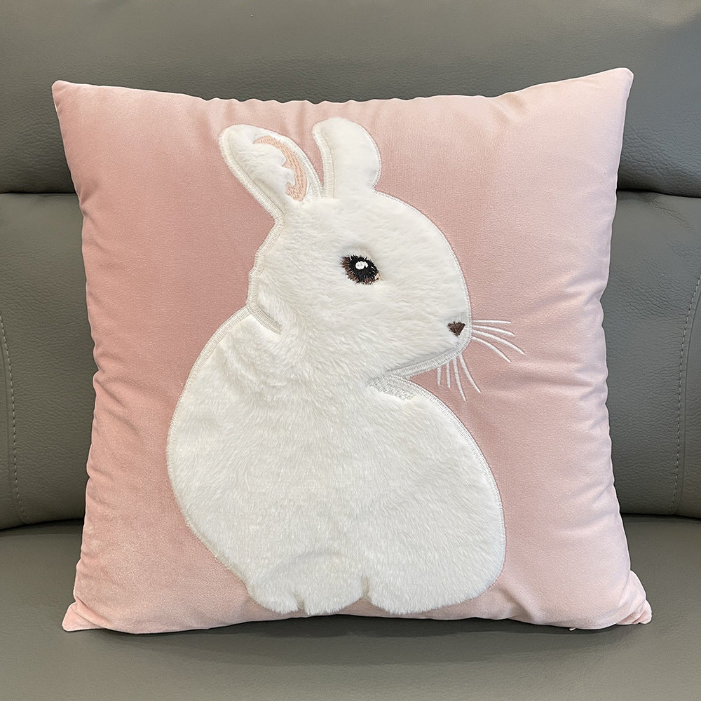 Soft Rabbit Pillow Cover Sofa Cushion Velvet Embroidered Pillow Girl's Heart Pink Cartoon Pillow Cover Cute