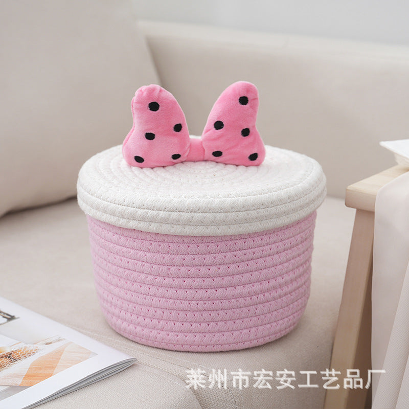 Cartoon cute home desktop sundries storage basket bedroom ornaments cotton rope storage basket with lid