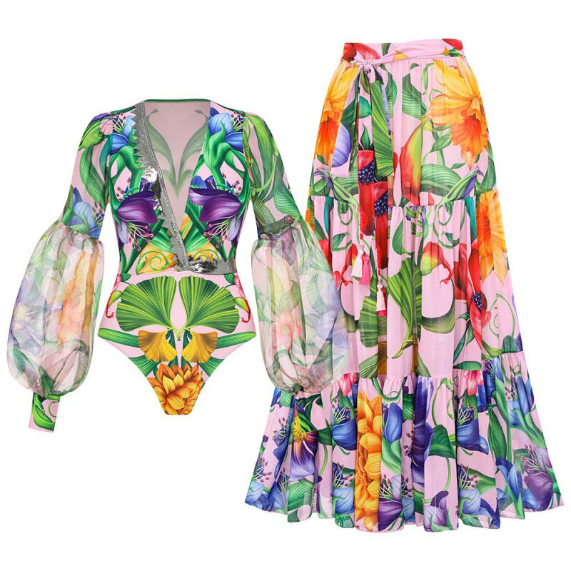 V-neck one-piece swimsuit for women bubble long sleeved sunscreen printed swimsuit