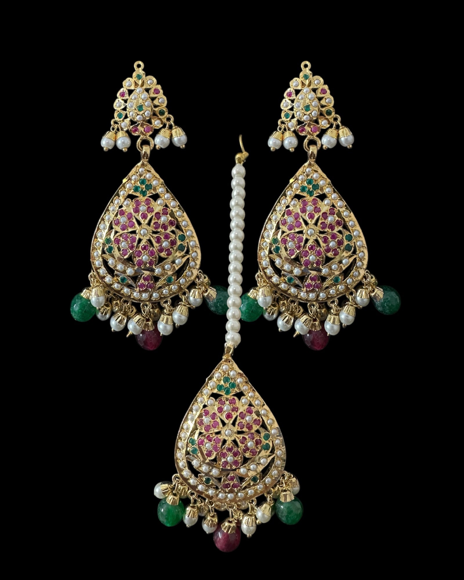 Piya jadau earrings tika in ruby emerald pearls ( READY TO SHIP )