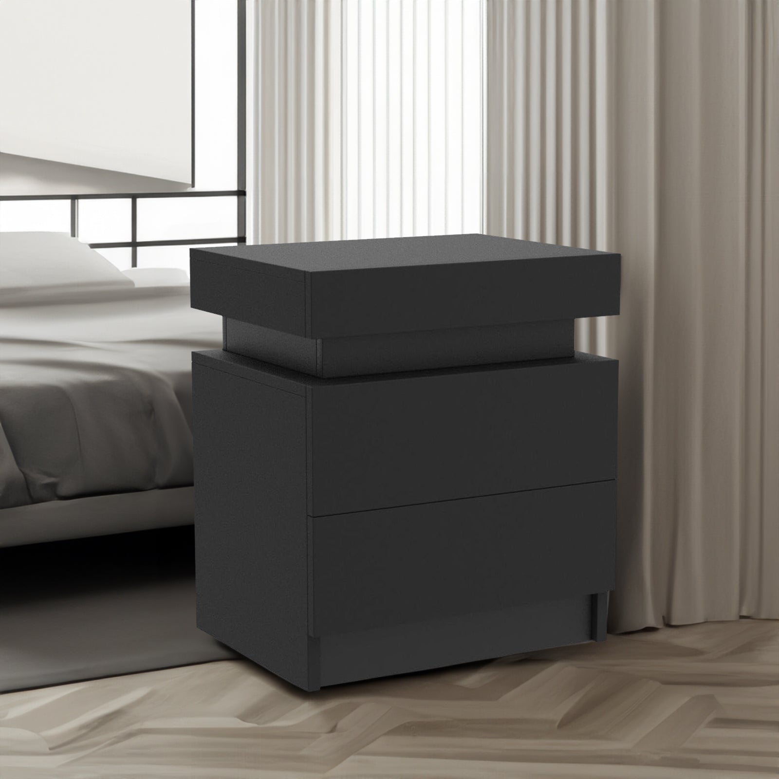 Modern Black LED Nightstand with Led Lights Bedside table with 2 High Gloss Drawers for Bedroom