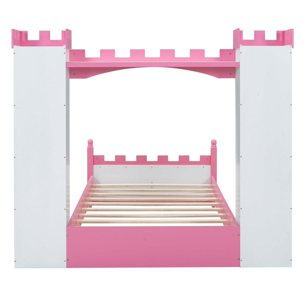 Castle-Shaped Wooden Bed with Storage Shelf, Dreamy Twin Size Platform Bed for Kids Bedroom, White + Pink