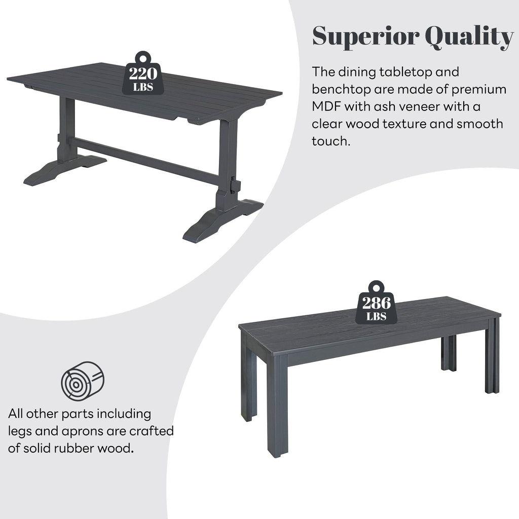 TREXM 3-piece retro cutlery set, rectangular stand table, and 2 wooden stools for 4 people (gray)