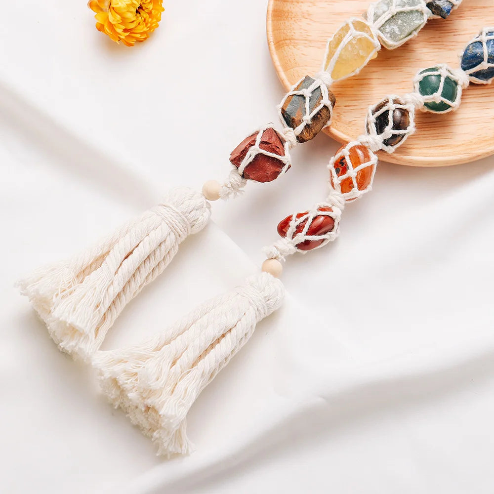 Natural Crystal Seven Color Gemstone White Rope Mesh Bag Hand woven Car Hanging Polishing Gemstone Jewelry Pendant