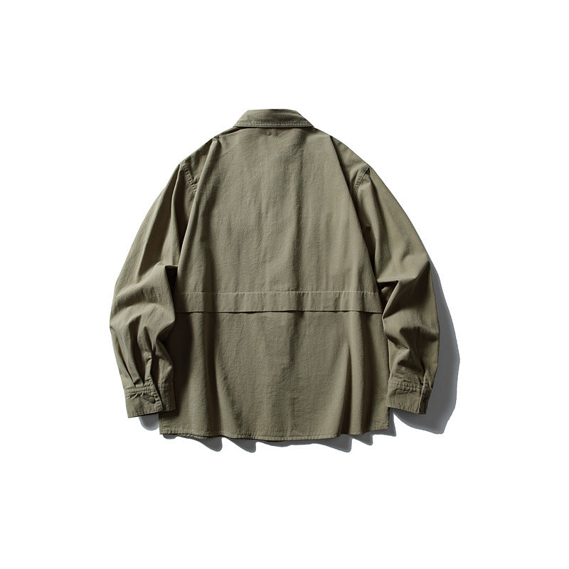 Splicing workwear long sleeved shirt men's loose casual shirt