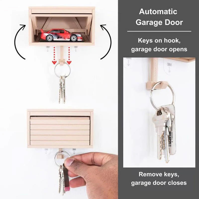 Space-saving wall wooden key holder, home key rack, garage-shaped clothes hook with opening door for hallway