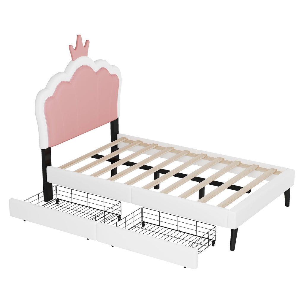 Twin cushion princess bed with crown headboard and 2 drawers with headboard and footrest, pink+white