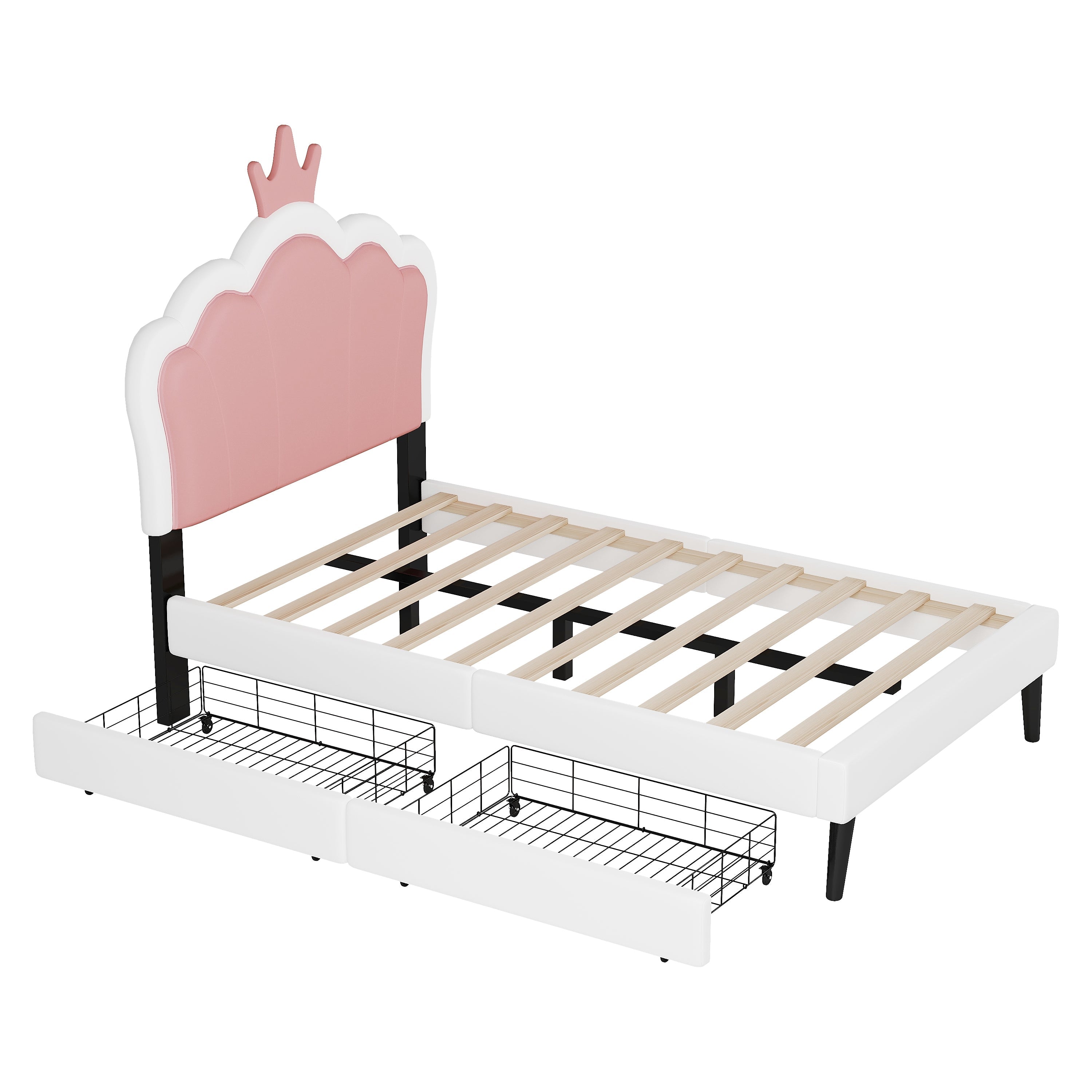 Twin cushion princess bed with crown headboard and 2 drawers with headboard and footrest, pink+white