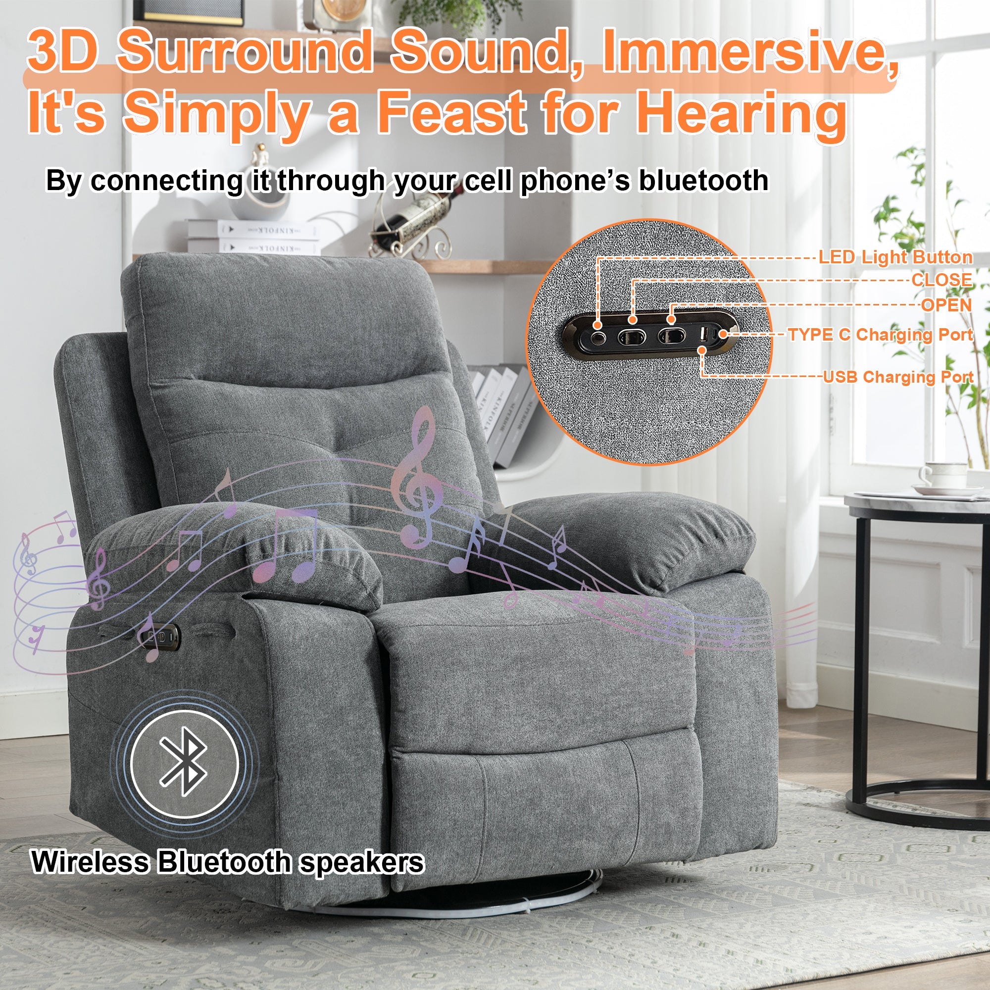 270 degree rotating electric recliner speaker with LED light, USB+C charging port, extendable foot pedal, adjustable backrest