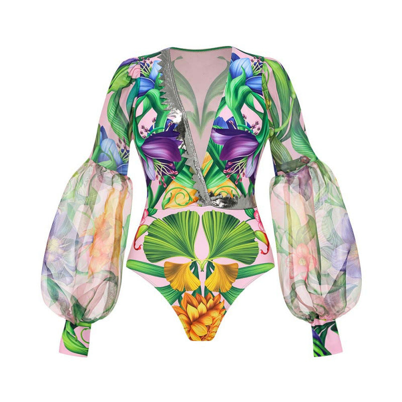 V-neck one-piece swimsuit for women bubble long sleeved sunscreen printed swimsuit
