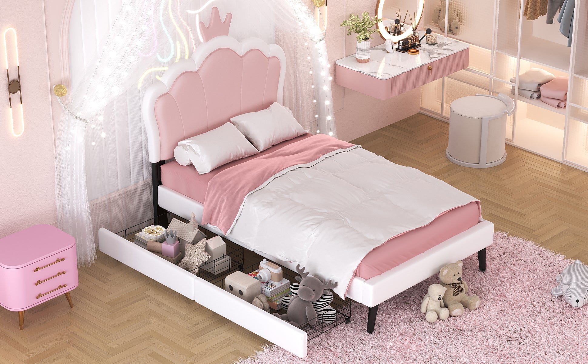Twin cushion princess bed with crown headboard and 2 drawers with headboard and footrest, pink+white