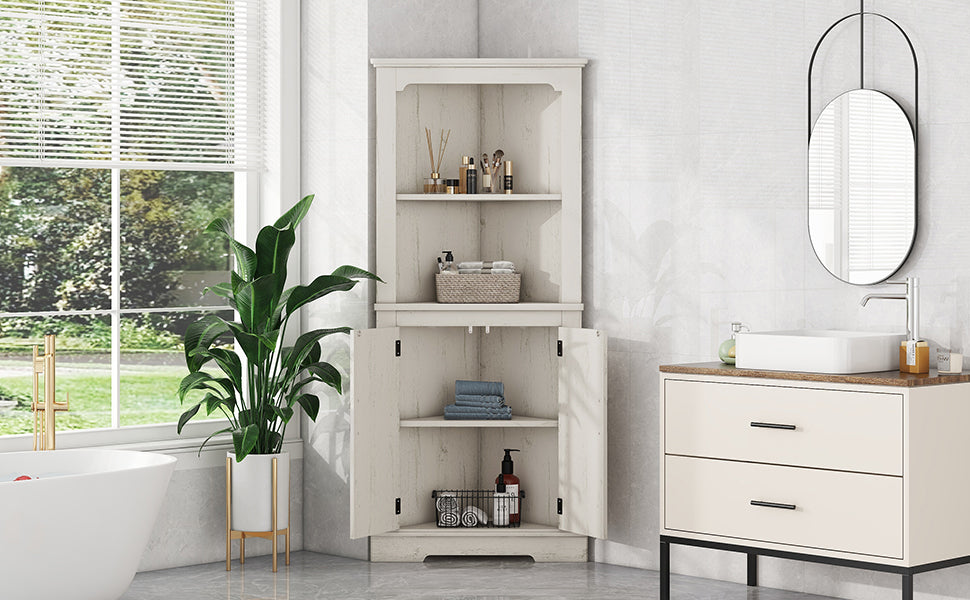 Tall Corner Cabinet with Doors for living room, bathroom,Dining Room or Kitchen,color:Wood grain beige