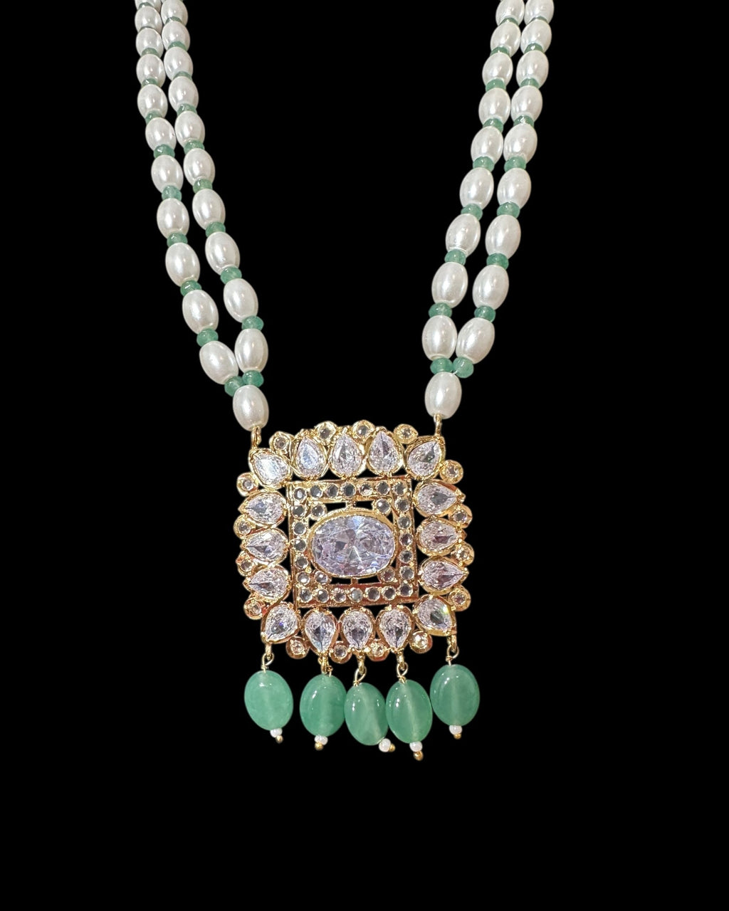 PS561 Hyderabadi pendant set with high quality zircon stones and light green beads ( SHIPS IN 2 WEEKS )